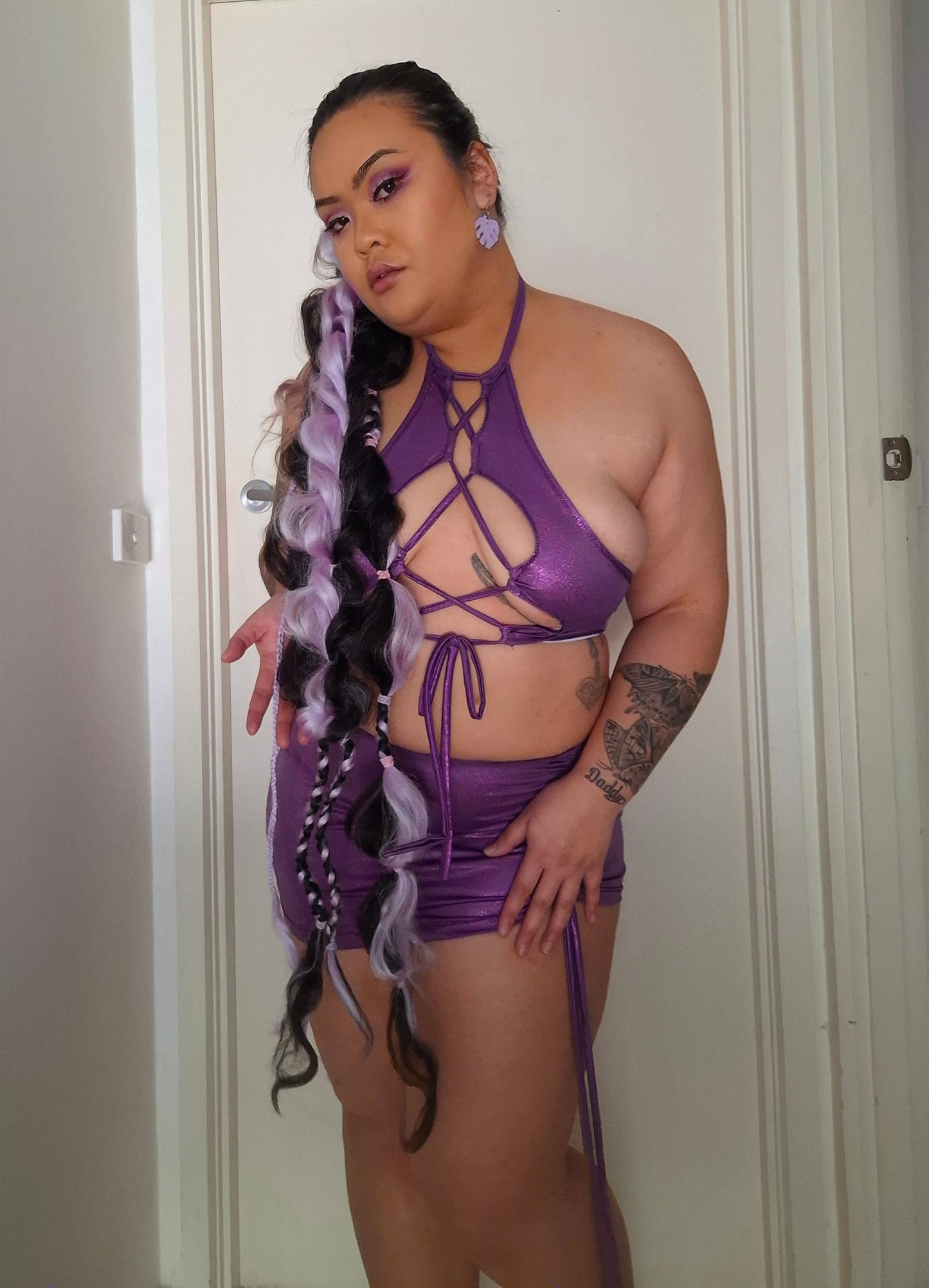 Tie In Pony Tail Braids Purple and Black