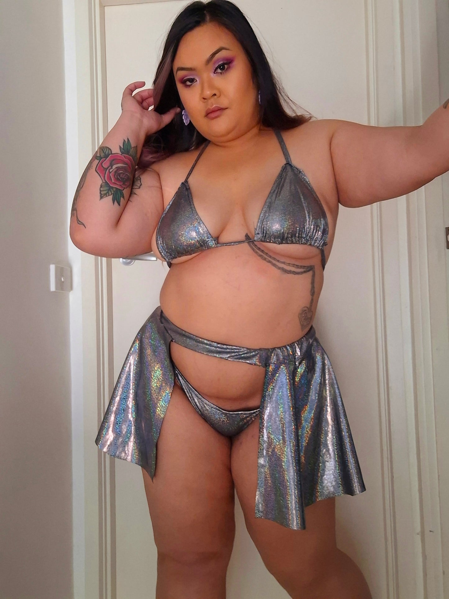 Holographic Silver Bikini and Skirt Set
