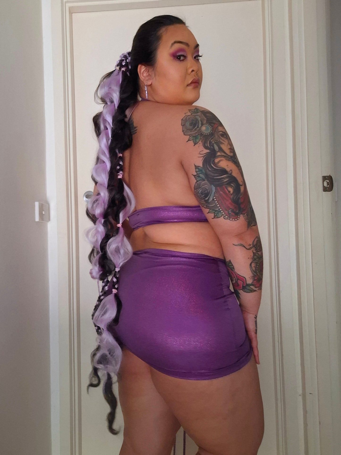 Tie In Pony Tail Braids Purple and Black