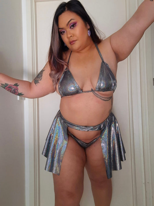 Holographic Silver Bikini and Skirt Set