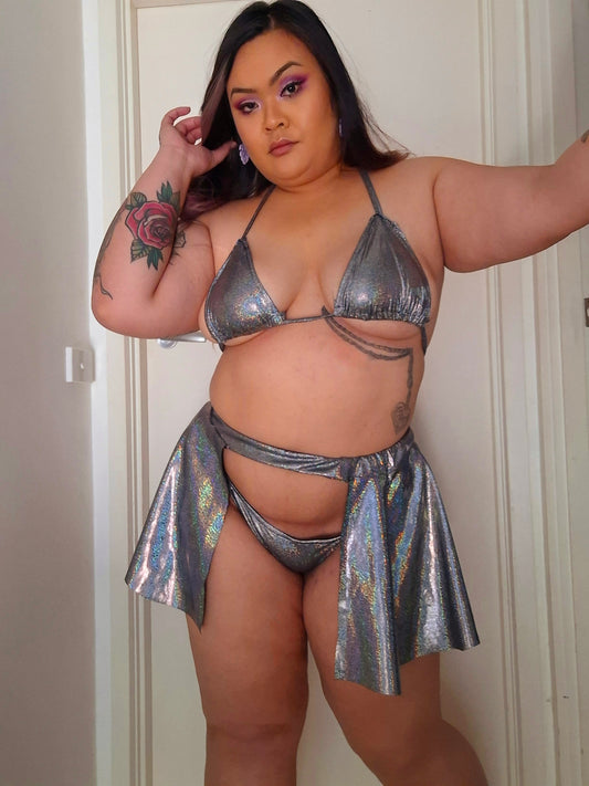 Holographic Silver Bikini and Skirt Set